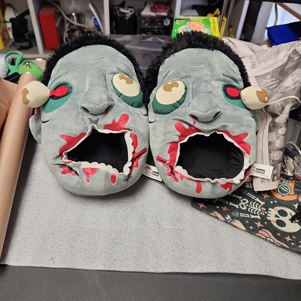 Zombie Plush Slippers with Red and Black Details